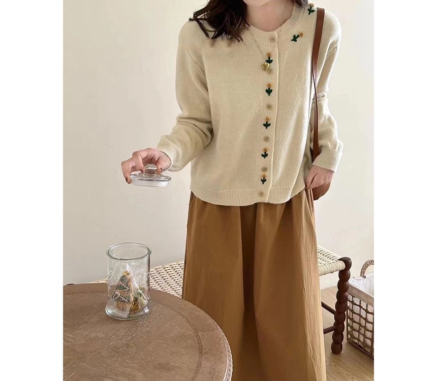 Cardigan Plain Floral Crew Neck