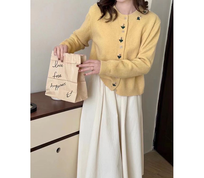 Cardigan Plain Floral Crew Neck