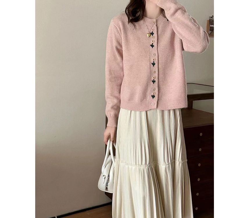 Cardigan Plain Floral Crew Neck