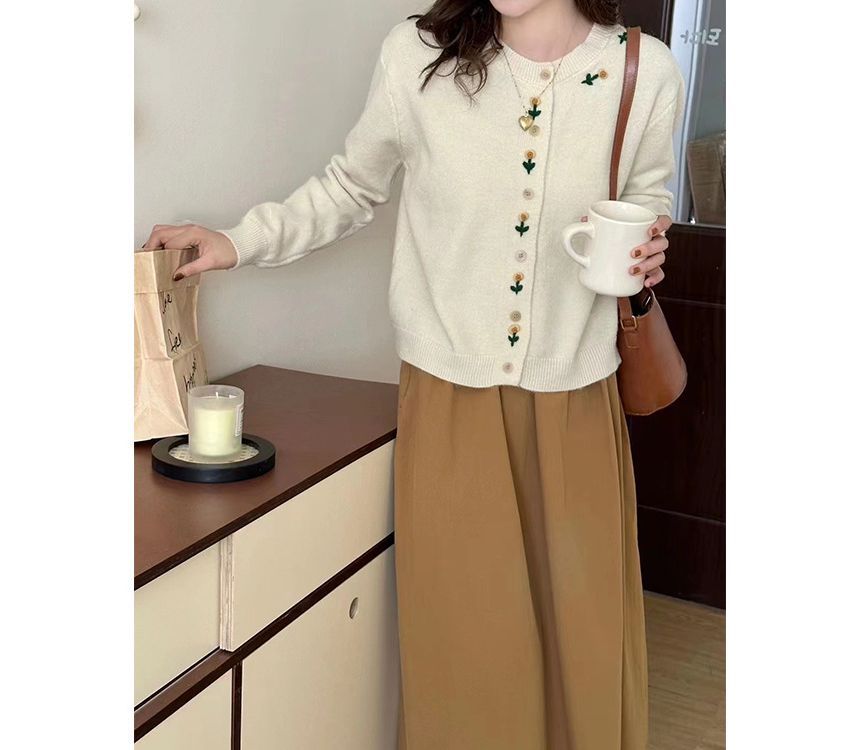 Cardigan Plain Floral Crew Neck