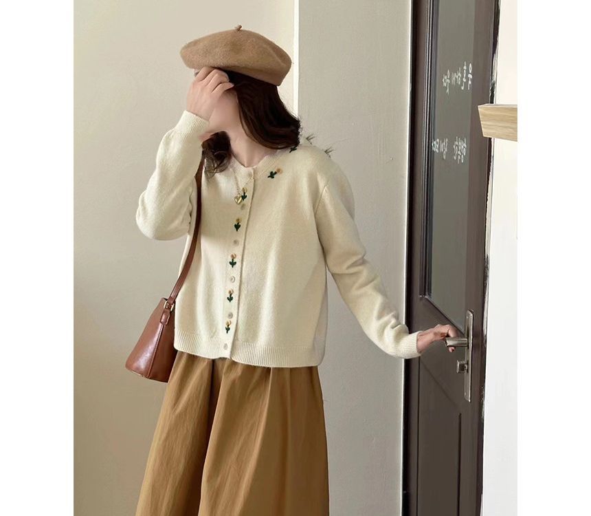 Cardigan Plain Floral Crew Neck