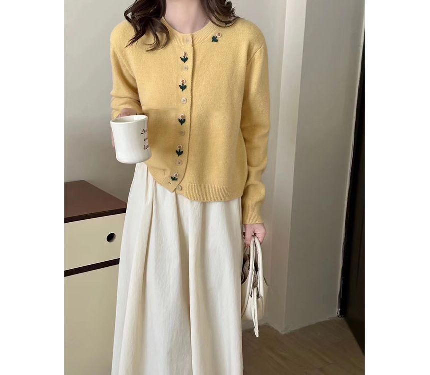 Cardigan Plain Floral Crew Neck