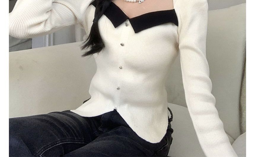 Slim-Fit Knit Puff-Sleeve Top Square-Neck