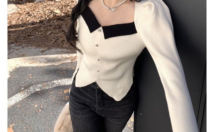 Slim-Fit Knit Puff-Sleeve Top Square-Neck