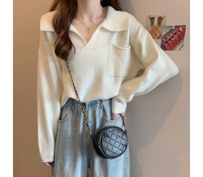 Sweater Loose-Fit Plain V-Neck