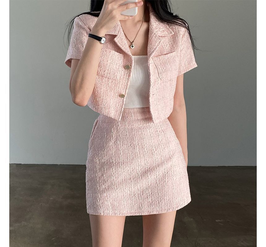 Set: Short-Sleeve Collar Tweed Crop Button-Up Jacket + High Rise Mini A-Line Skirt