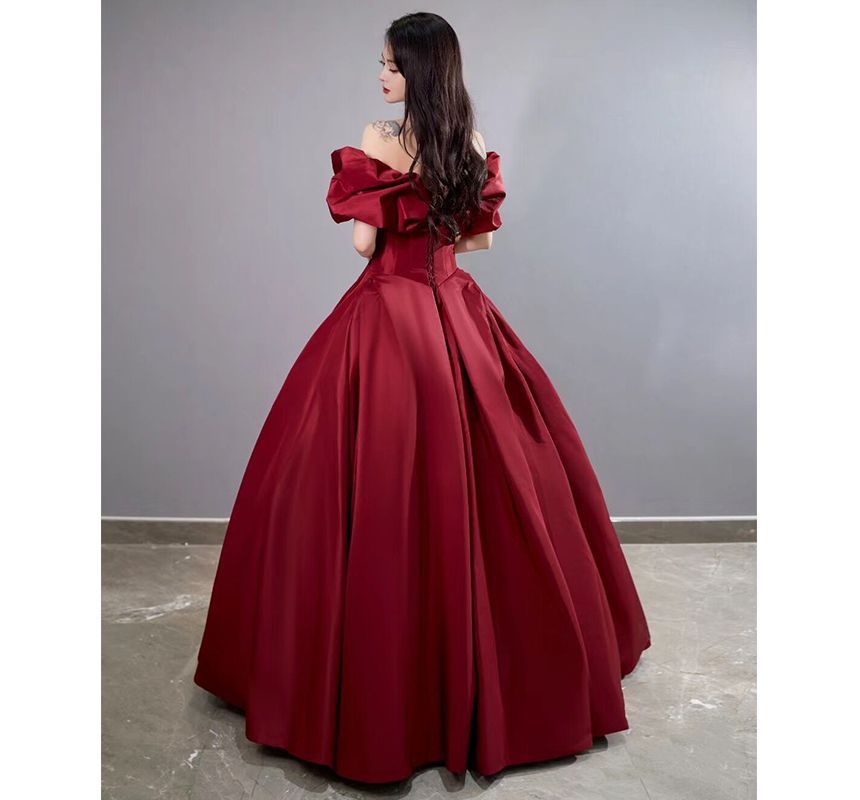 Short-Sleeve Off Shoulder Plain Ruched A-Line Evening Gown