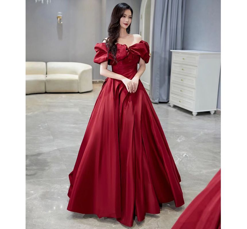 Short-Sleeve Off Shoulder Plain Ruched A-Line Evening Gown