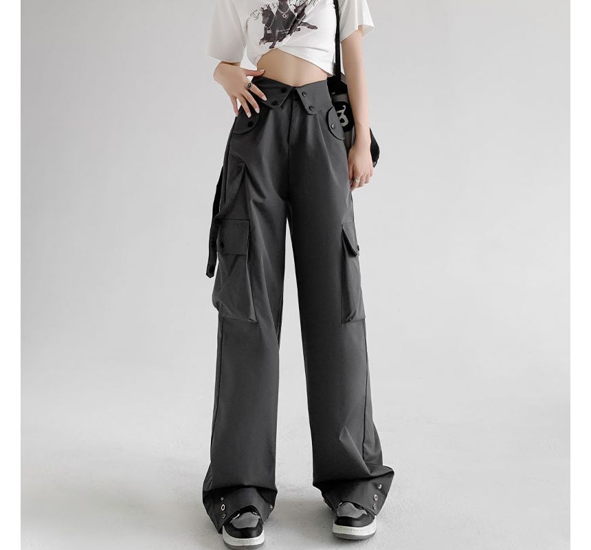 Waist Detailed Pocketed High Waist Plain Wide Leg Cargo Pants