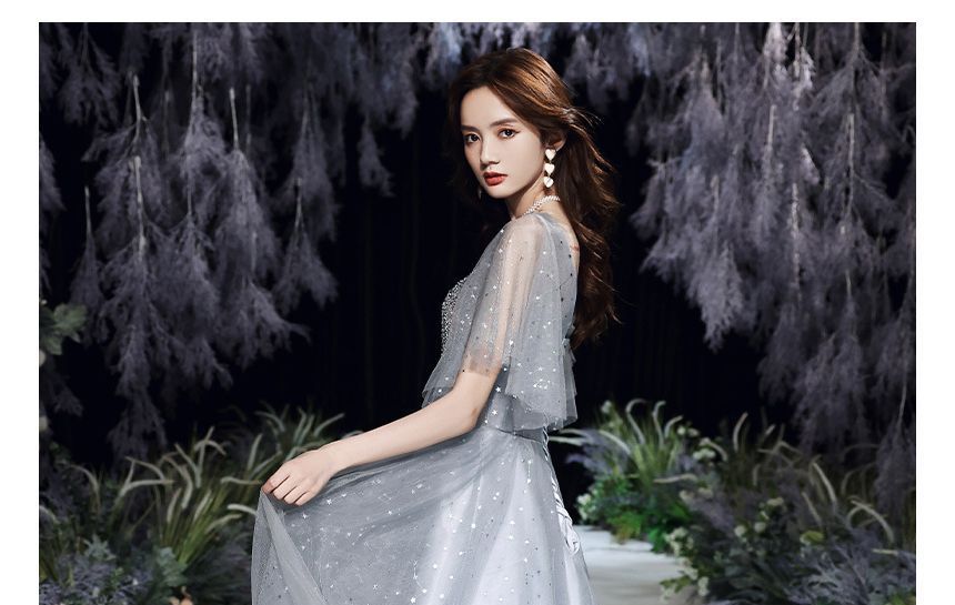 Flared-Sleeve V-Neck Sequin Lace-Up A-Line Evening Gown