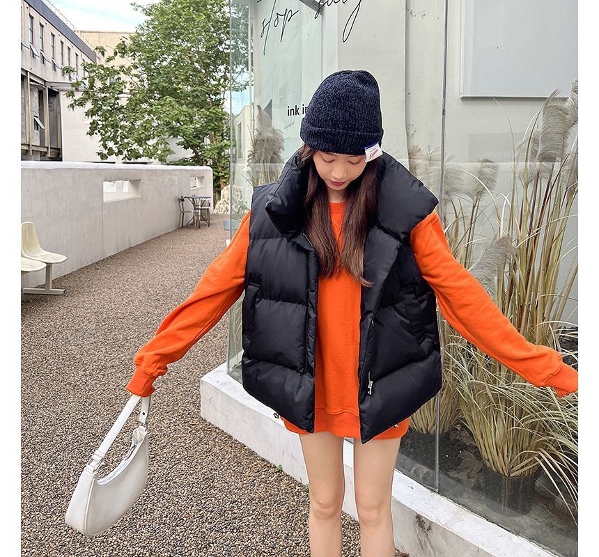 Stand Collar Plain Puffer Vest