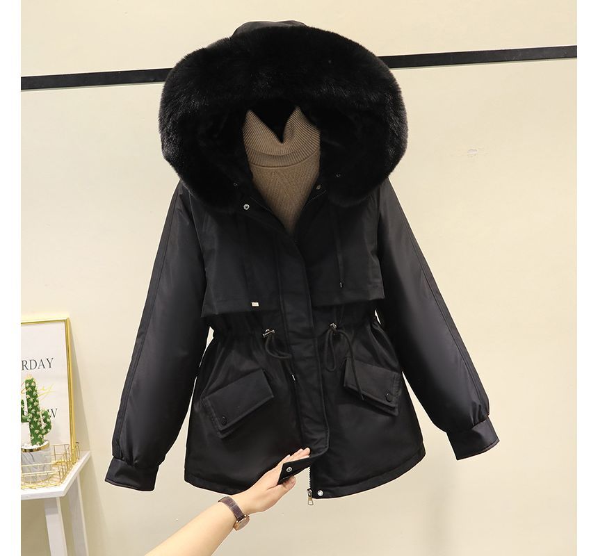 Fluffy Hooded Plain Puffer Jacket