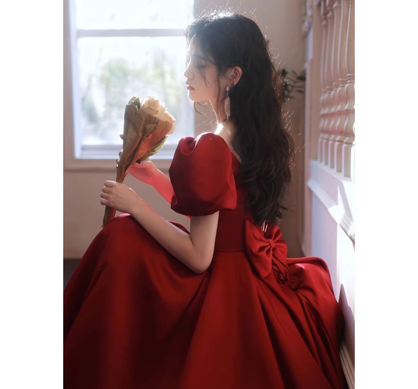 Puff-Sleeve Square-Neck Plain A-Line Evening Gown (Various Designs)