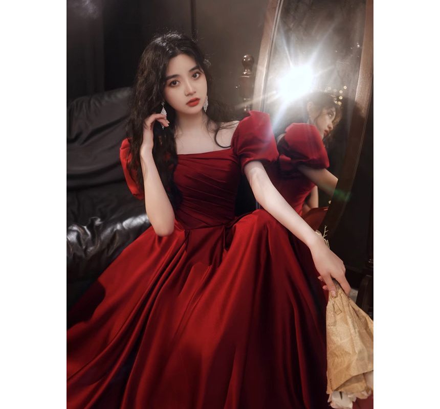 Puff-Sleeve Square-Neck Plain A-Line Evening Gown (Various Designs)