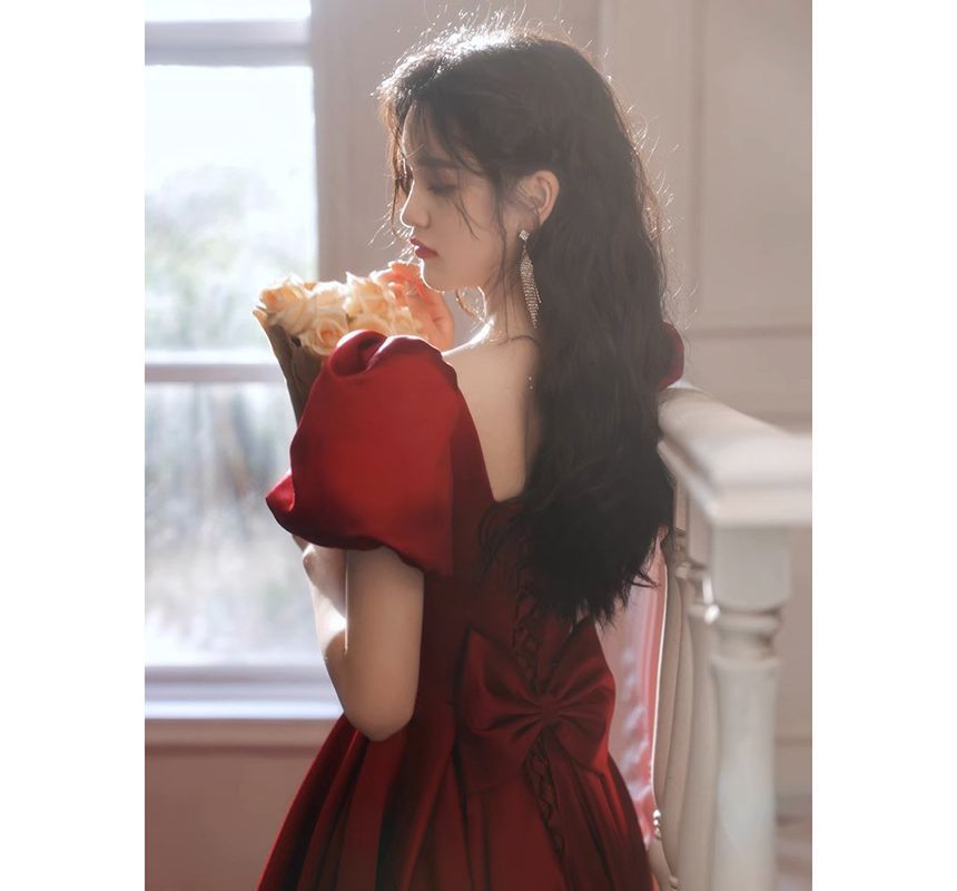 Puff-Sleeve Square-Neck Plain A-Line Evening Gown (Various Designs)