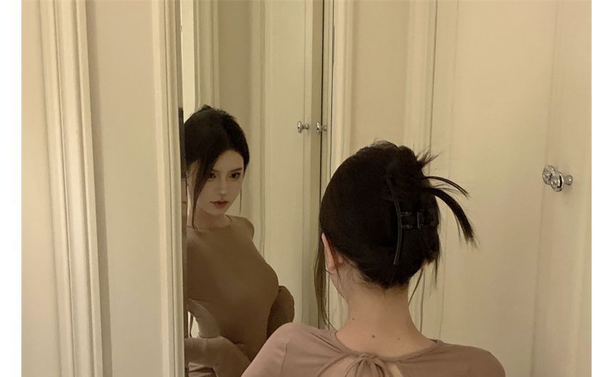 Crew Dress Sheath Open Long-Sleeve Back Neck Mini Plain