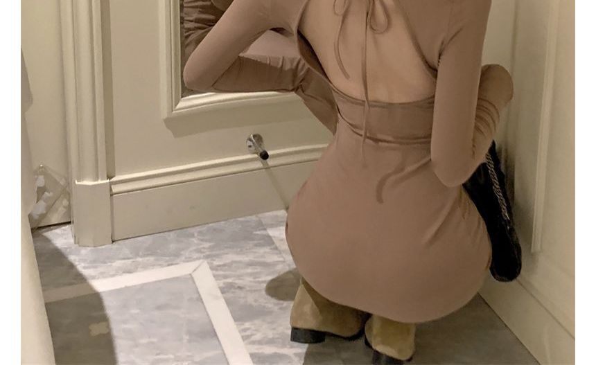 Crew Dress Sheath Open Long-Sleeve Back Neck Mini Plain