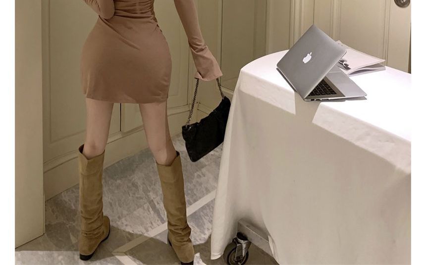 Crew Dress Sheath Open Long-Sleeve Back Neck Mini Plain