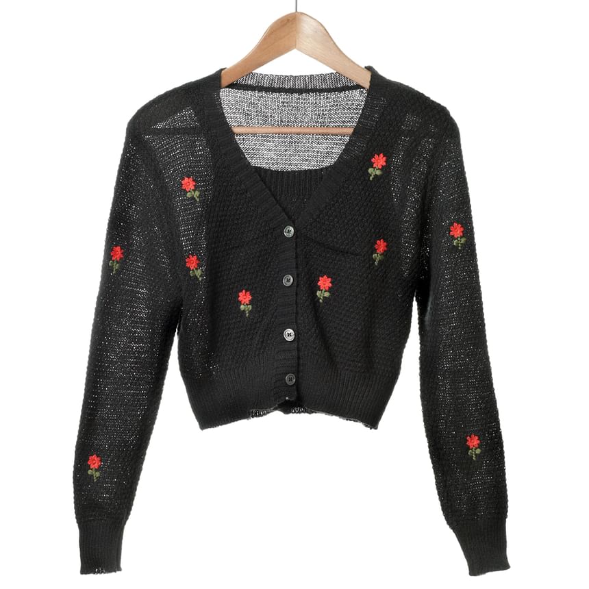 Cardigan Tank Knit Top Floral Set: Crop Embroidered + Neck Square