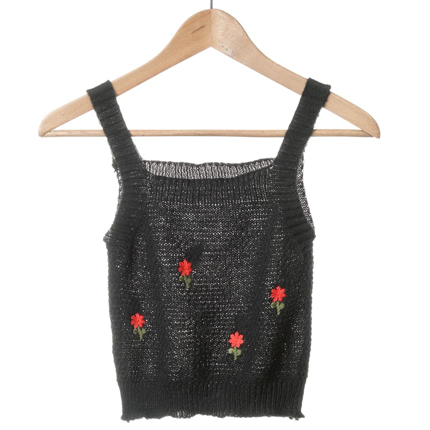 Cardigan Tank Knit Top Floral Set: Crop Embroidered + Neck Square