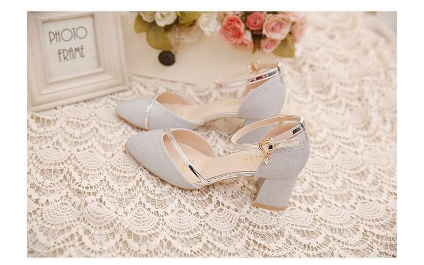 Toe Block Heel D'Orsay Ankle Pumps Pointed Strap Glitter