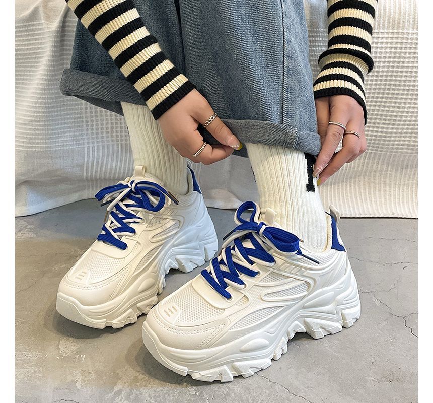 Two Lace-Up Platform Tone Panel Mesh Sneakers Faux Leather