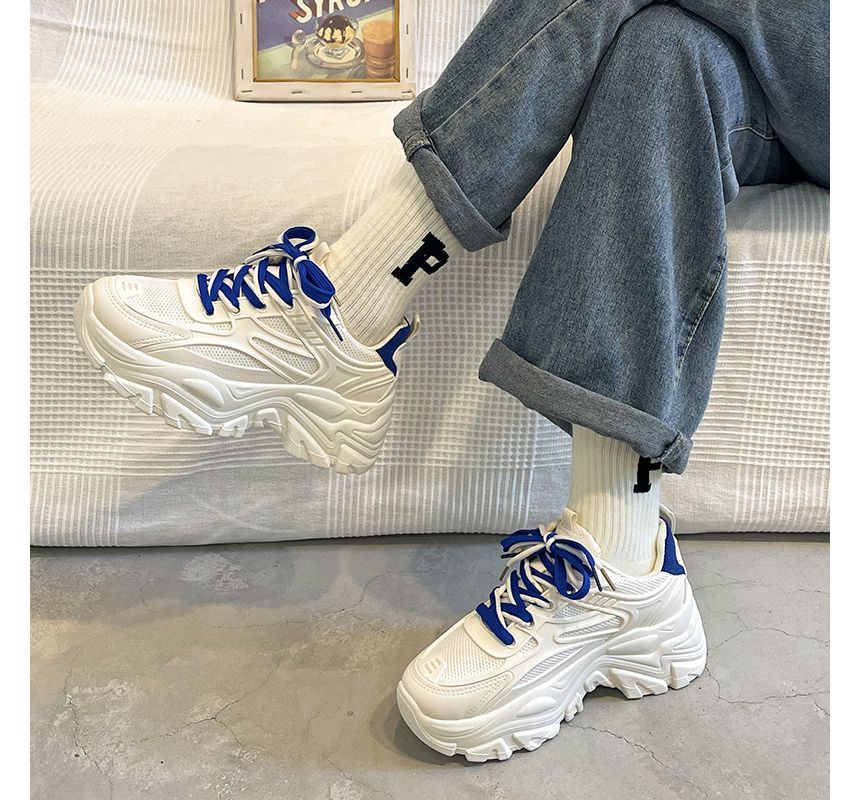 Two Lace-Up Platform Tone Panel Mesh Sneakers Faux Leather