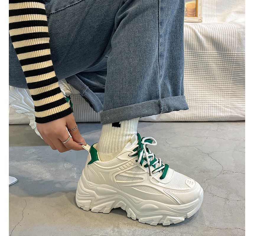 Two Lace-Up Platform Tone Panel Mesh Sneakers Faux Leather