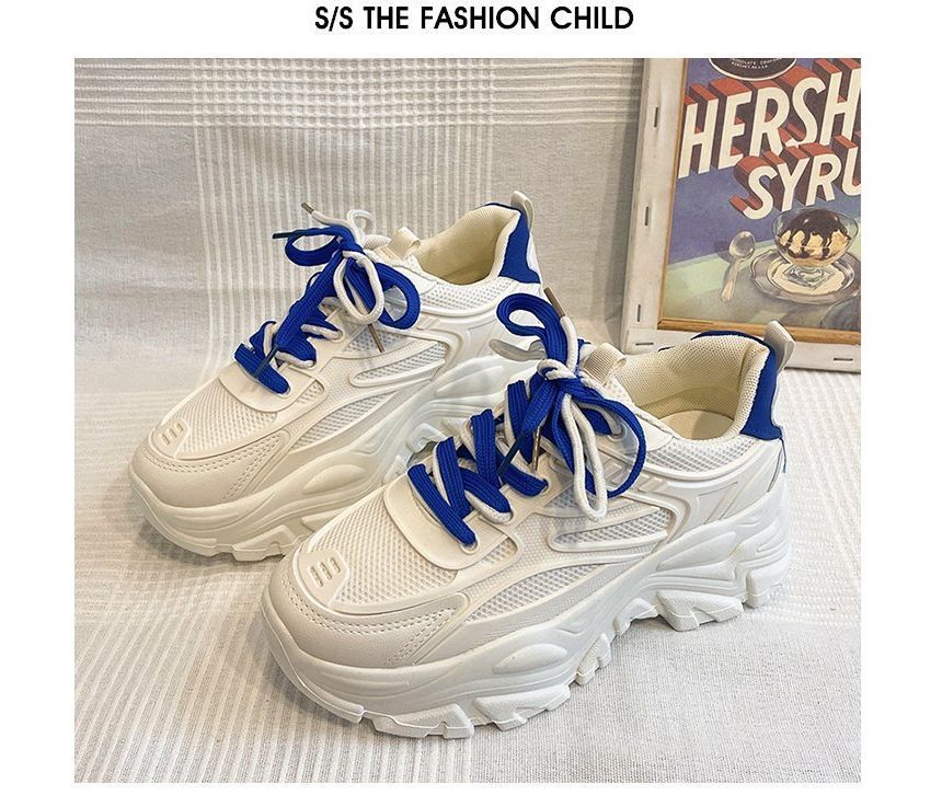 Two Lace-Up Platform Tone Panel Mesh Sneakers Faux Leather