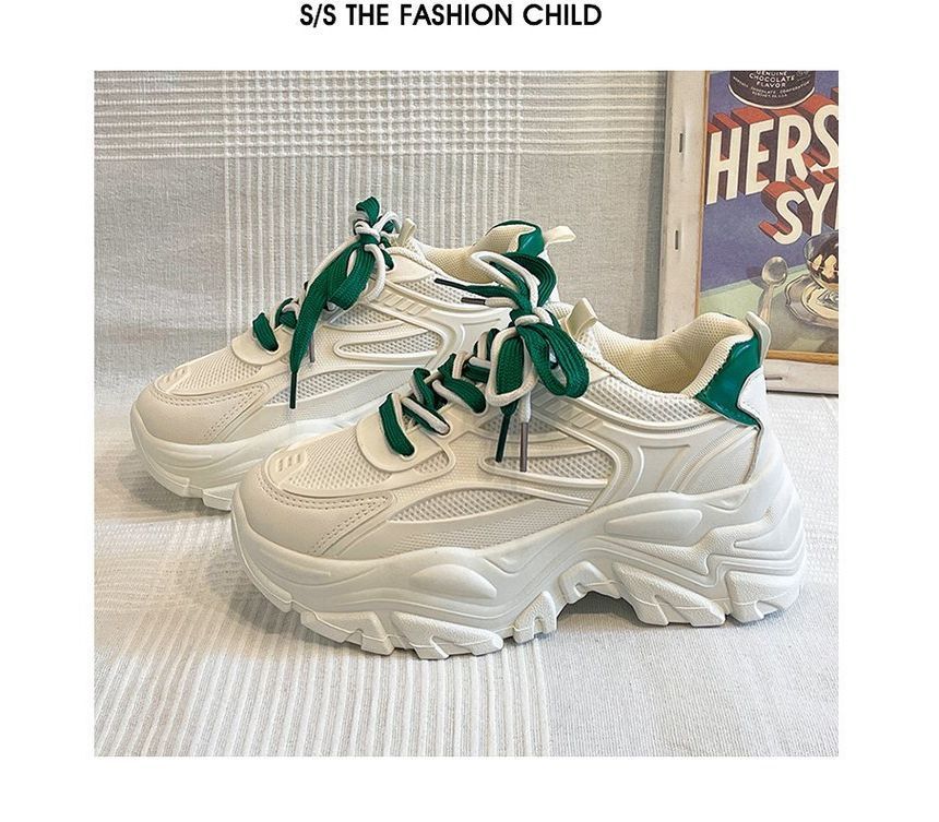 Two Lace-Up Platform Tone Panel Mesh Sneakers Faux Leather