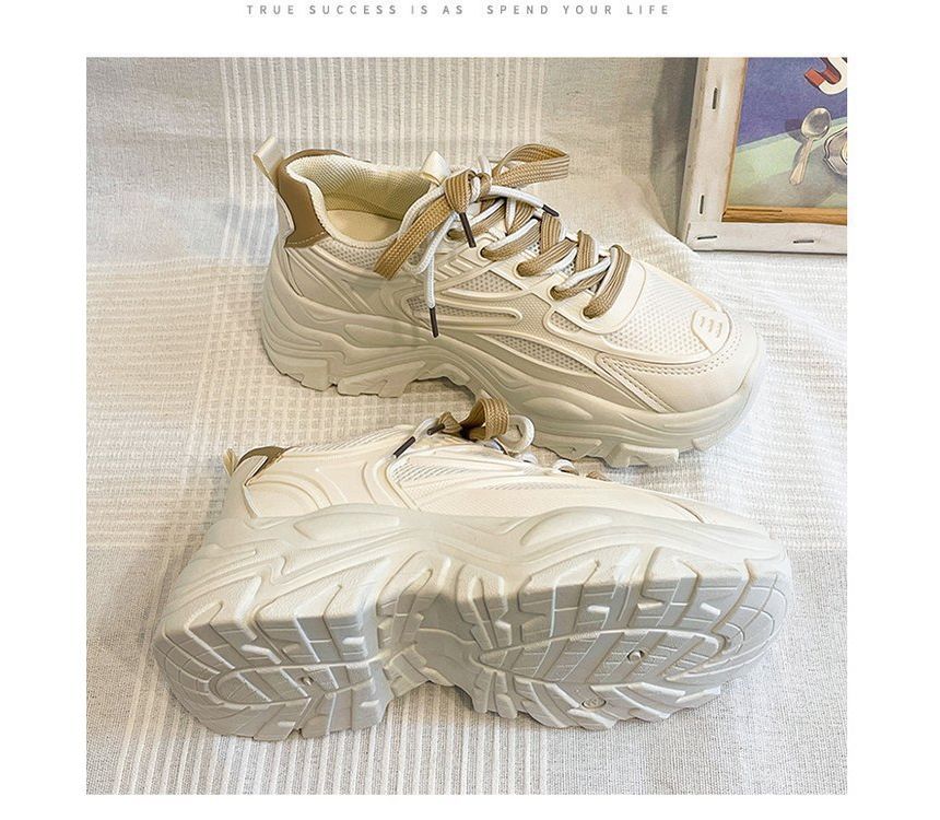 Two Lace-Up Platform Tone Panel Mesh Sneakers Faux Leather