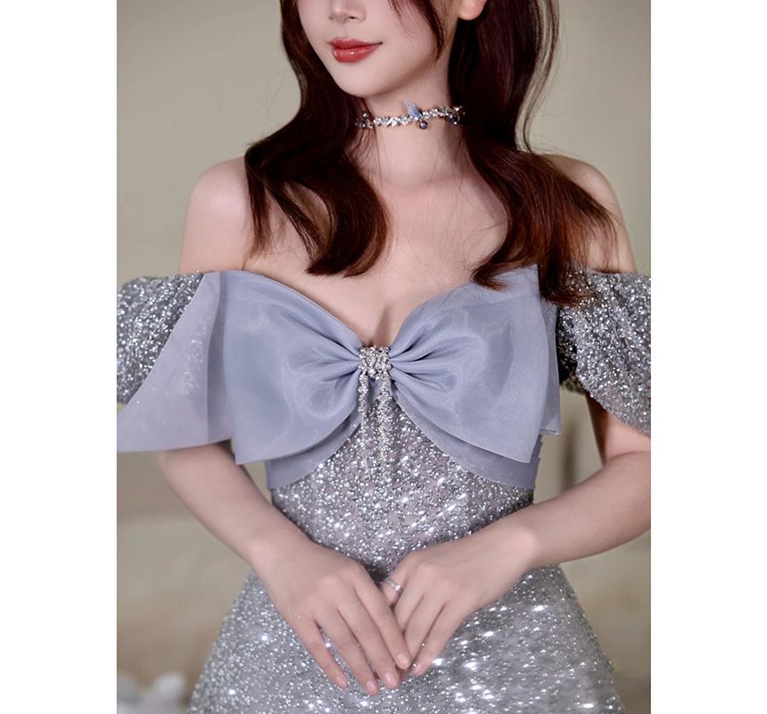 Short-Sleeve Off Shoulder Bow Glitter A-Line Evening Gown