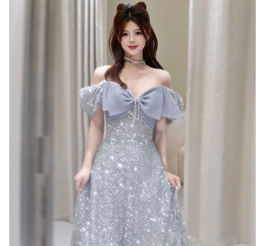 Short-Sleeve Off Shoulder Bow Glitter A-Line Evening Gown