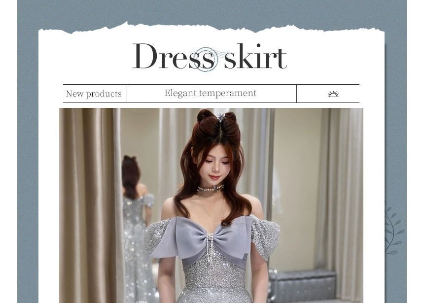 Short-Sleeve Off Shoulder Bow Glitter A-Line Evening Gown