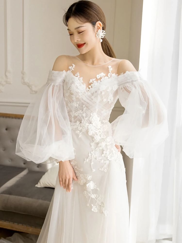 Balloon Sleeve Cold Shoulder Plain Flower Applique Mesh A-Line Wedding Gown