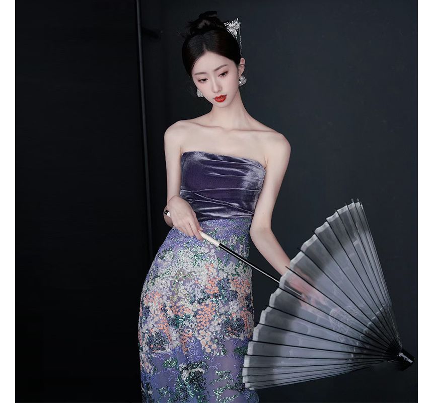 Patterned Sequin Panel Velvet A-Line Tube Evening Gown