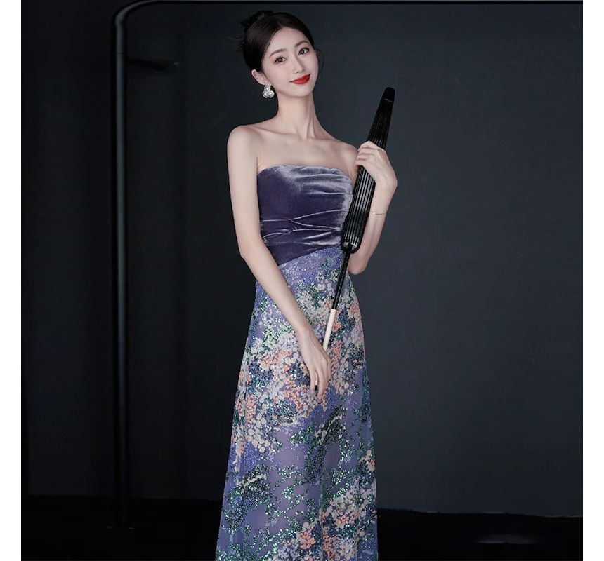 Patterned Sequin Panel Velvet A-Line Tube Evening Gown