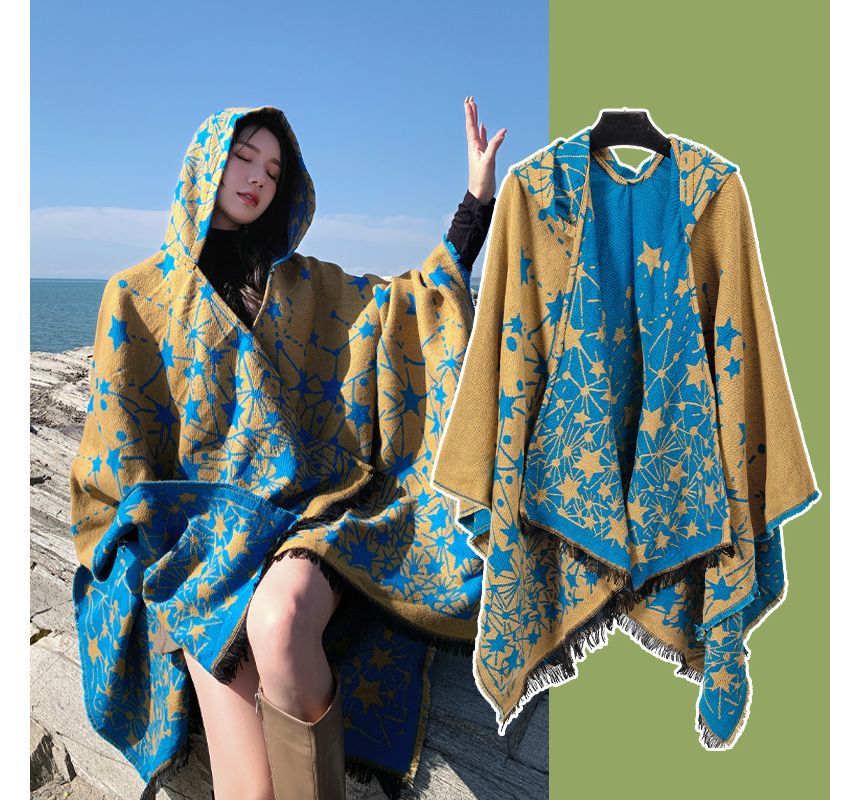 Print Fringed Hooded Cape