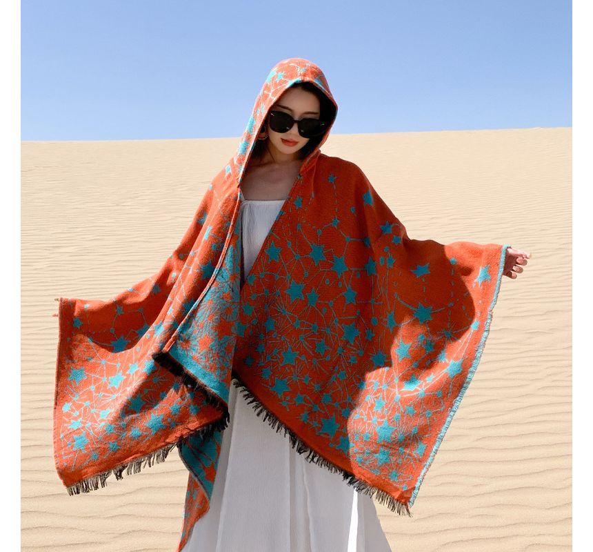 Print Fringed Hooded Cape