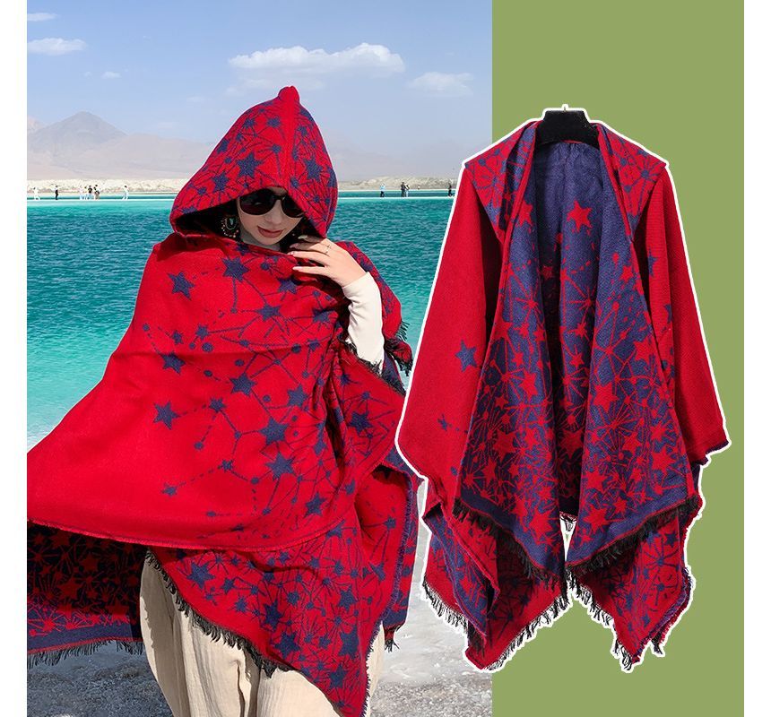 Print Fringed Hooded Cape