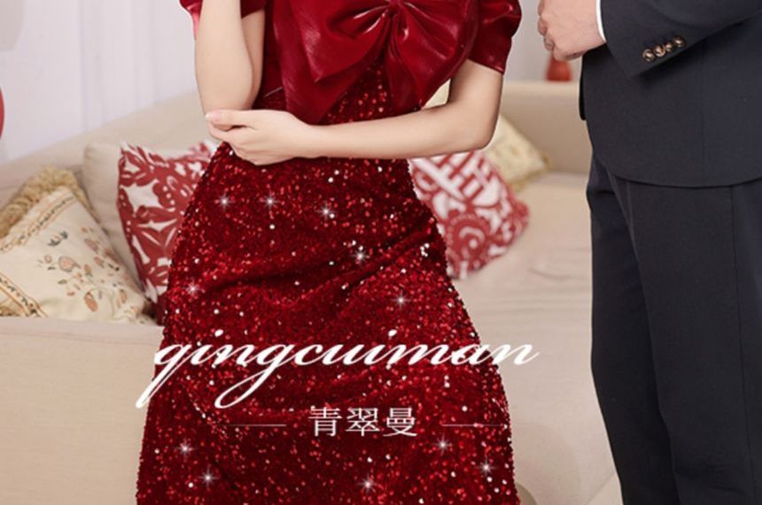 Short-Sleeve Off-Shoulder Plain Sequin Bow Accent A-Line Evening Gown