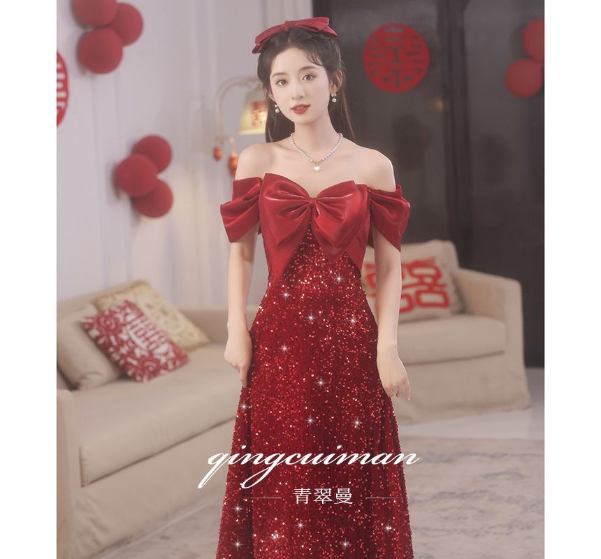 Short-Sleeve Off-Shoulder Plain Sequin Bow Accent A-Line Evening Gown