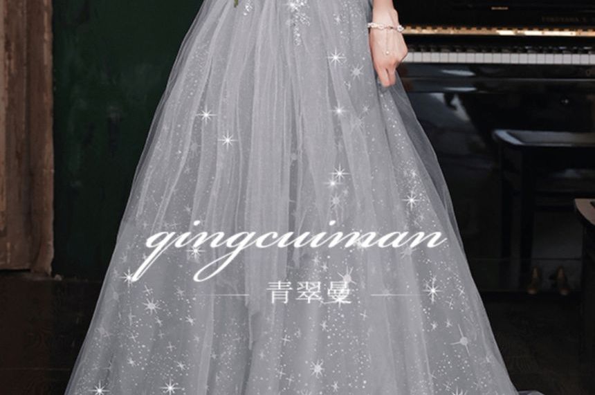 Puff-Sleeve Sweetheart Neckline Sequin Mesh A-Line Evening Gown