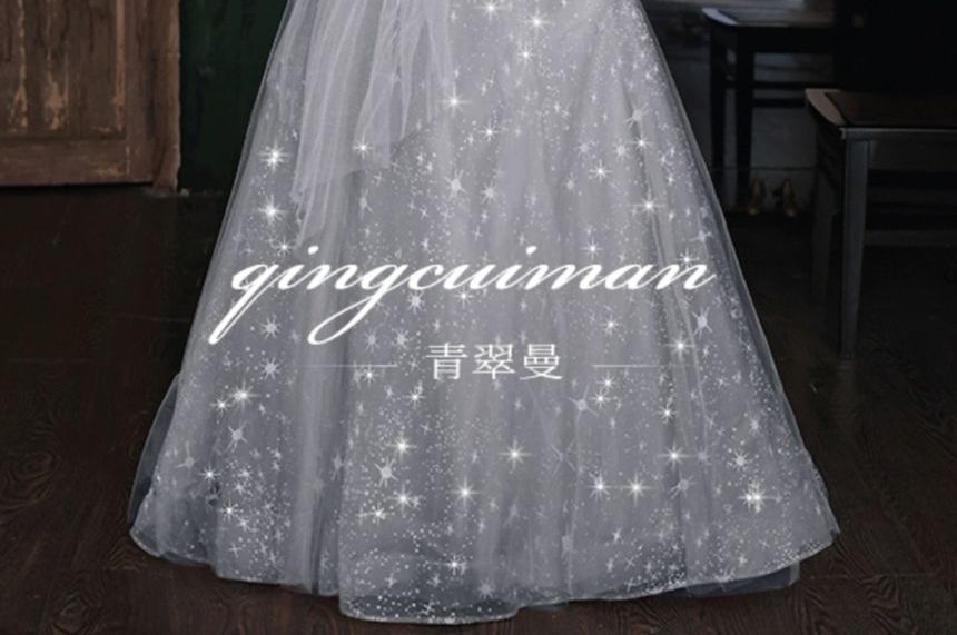 Puff-Sleeve Sweetheart Neckline Sequin Mesh A-Line Evening Gown