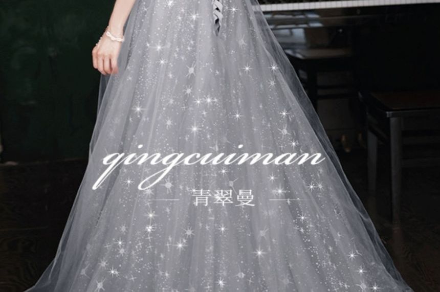 Puff-Sleeve Sweetheart Neckline Sequin Mesh A-Line Evening Gown