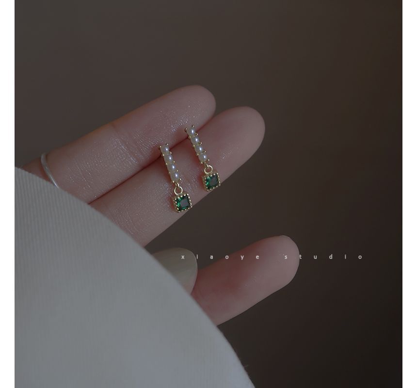 Pearl Earring Faux Rhinestone Square Drop Alloy