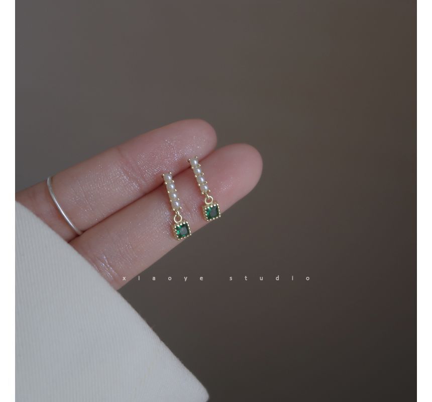 Pearl Earring Faux Rhinestone Square Drop Alloy