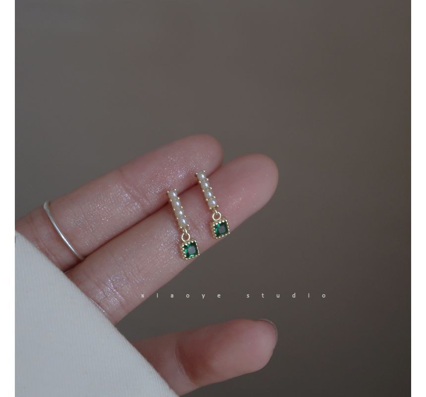 Pearl Earring Faux Rhinestone Square Drop Alloy