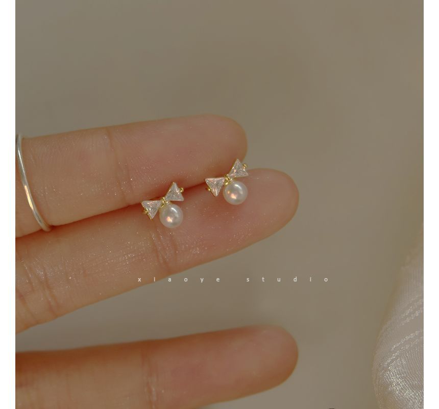 Sterling Earring Silver Faux Stud Bow Pearl Rhinestone