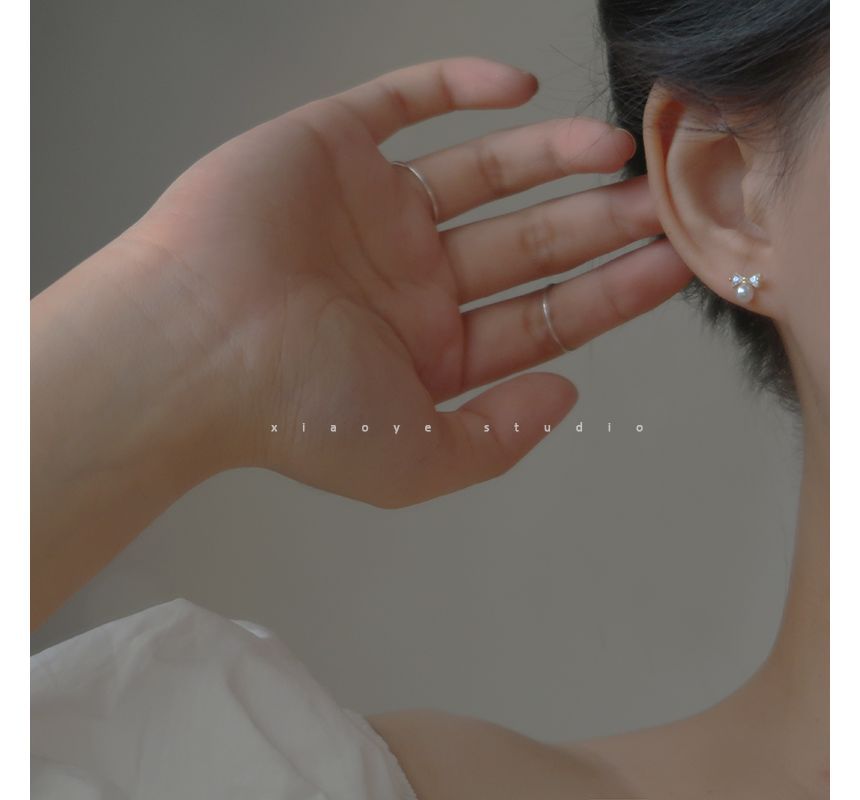 Sterling Earring Silver Faux Stud Bow Pearl Rhinestone